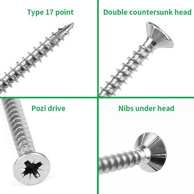 SUS316 Нержавеющая сталь Тип 17 Point Pozi Double Csk Head Шипбордные винты с 6 нибами для дерева